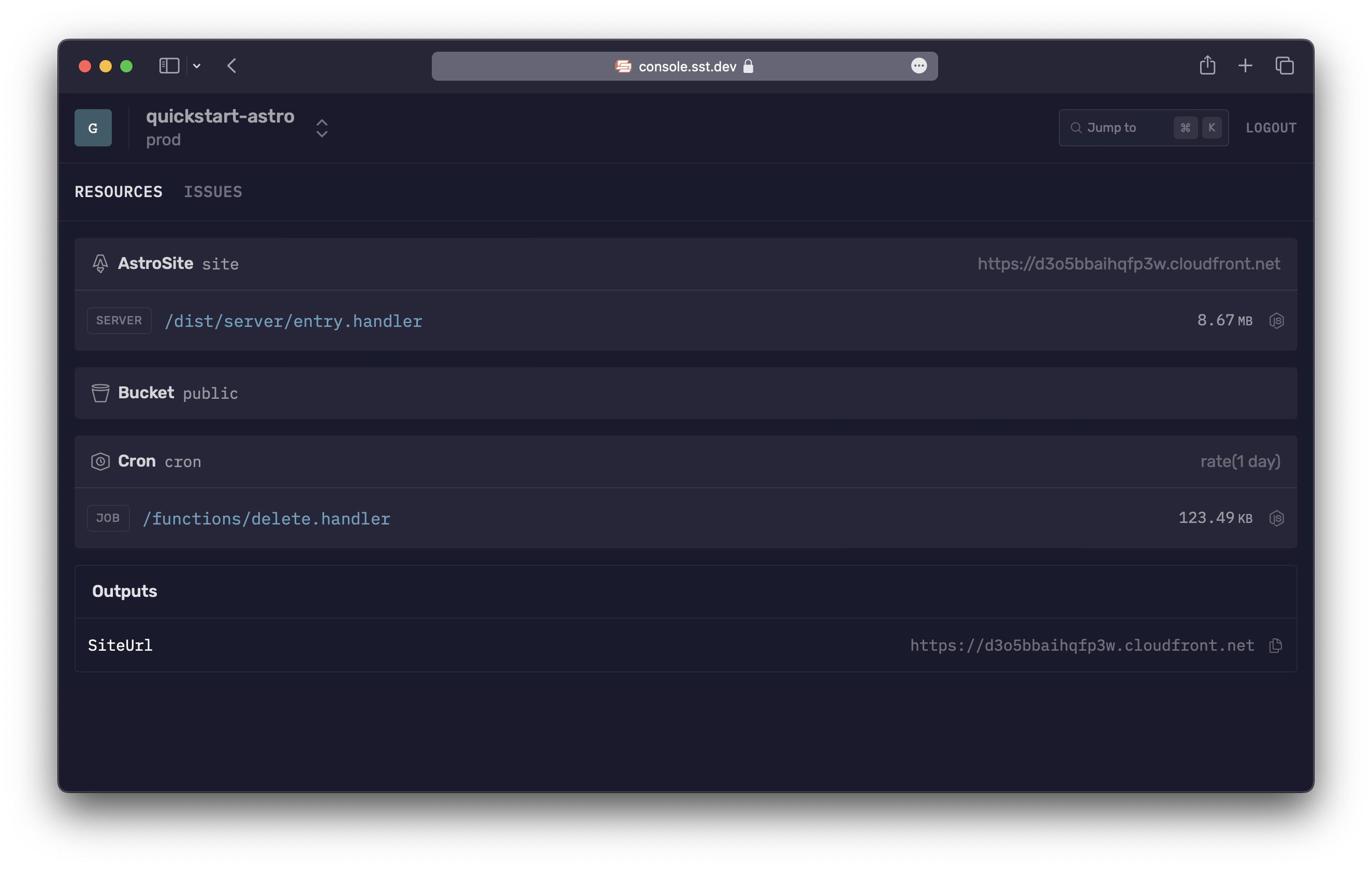 Astro site in the SST Console