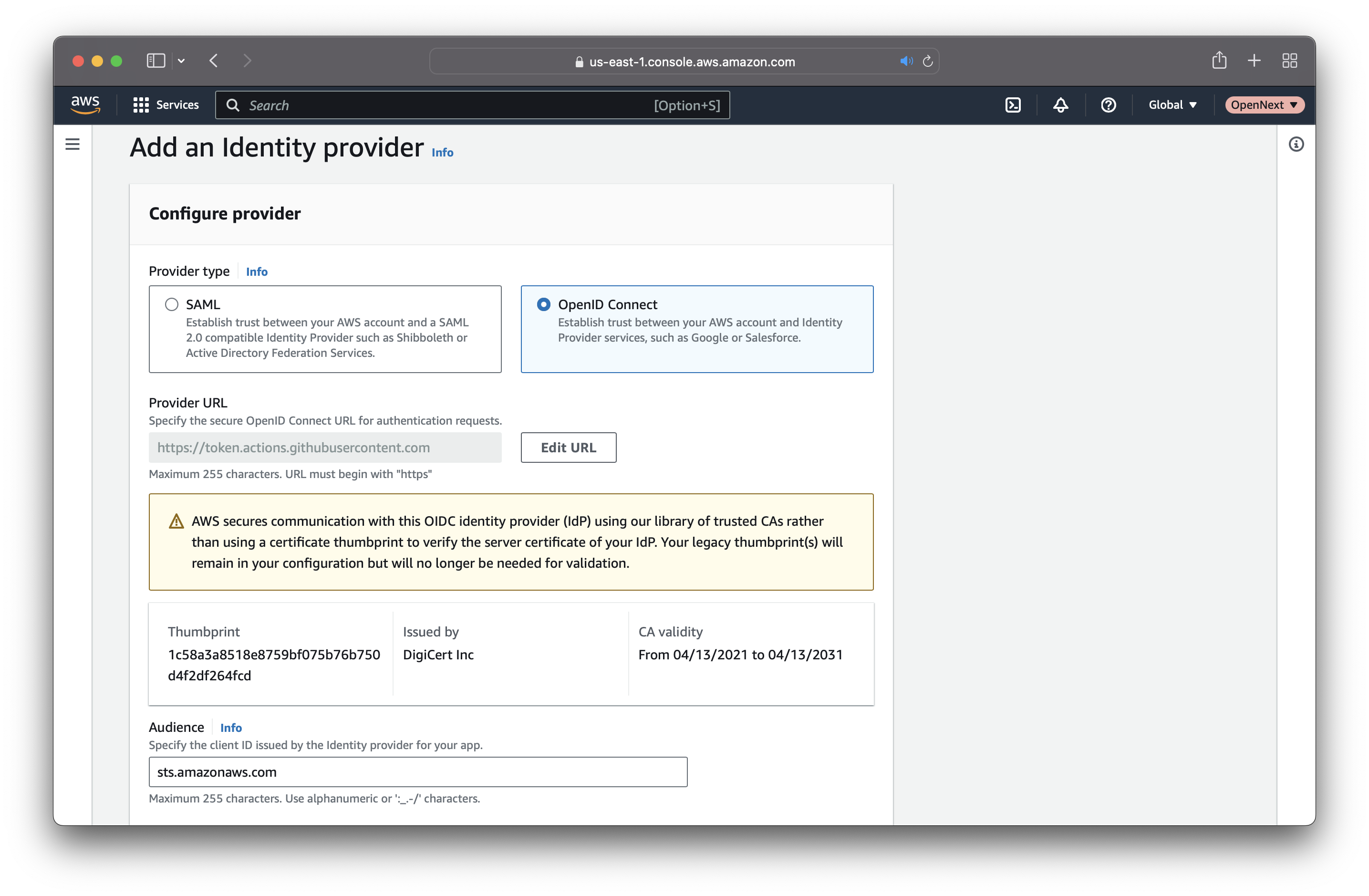 AWS IAM Console add Identity provider