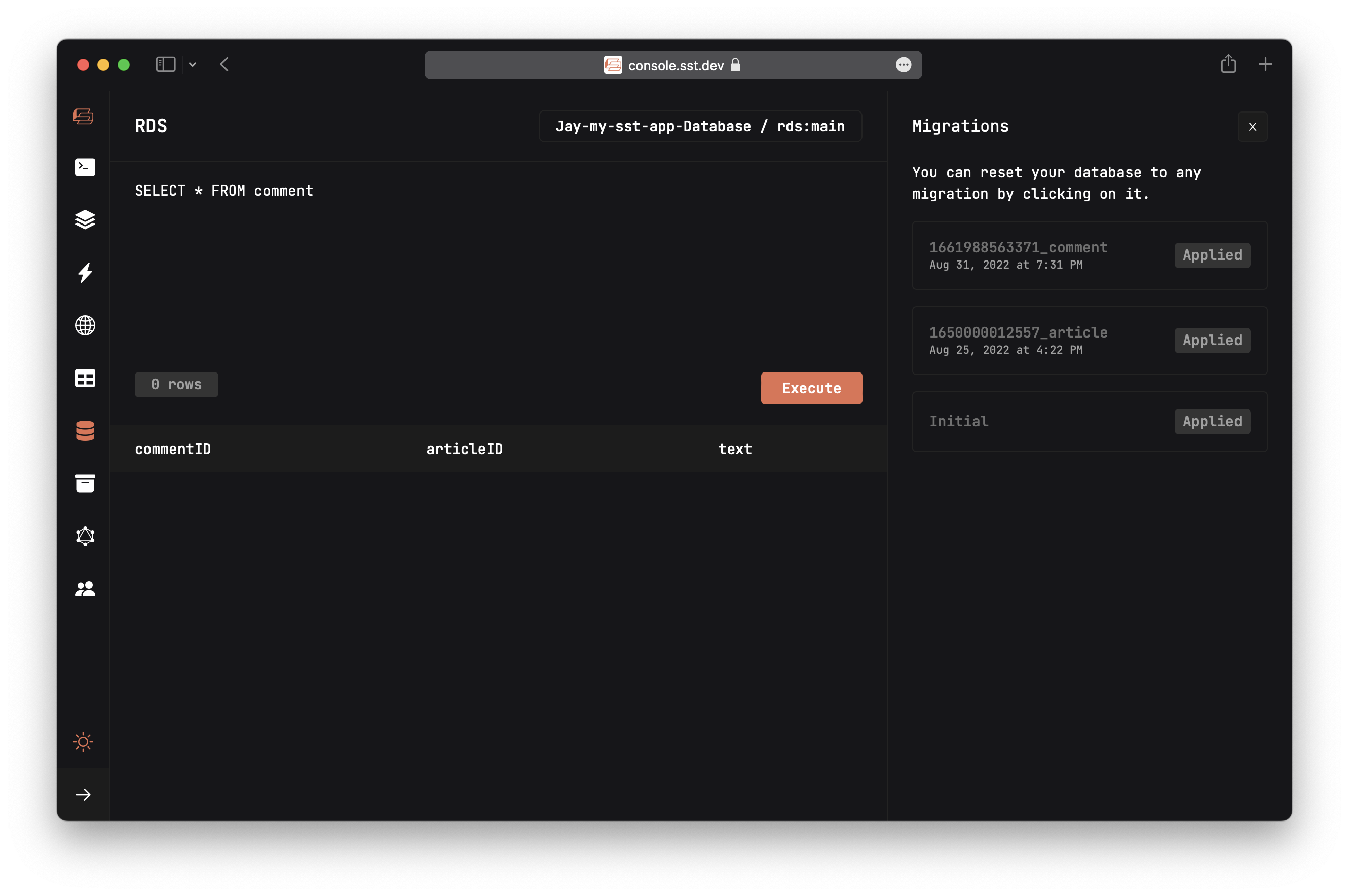 Console query comments table