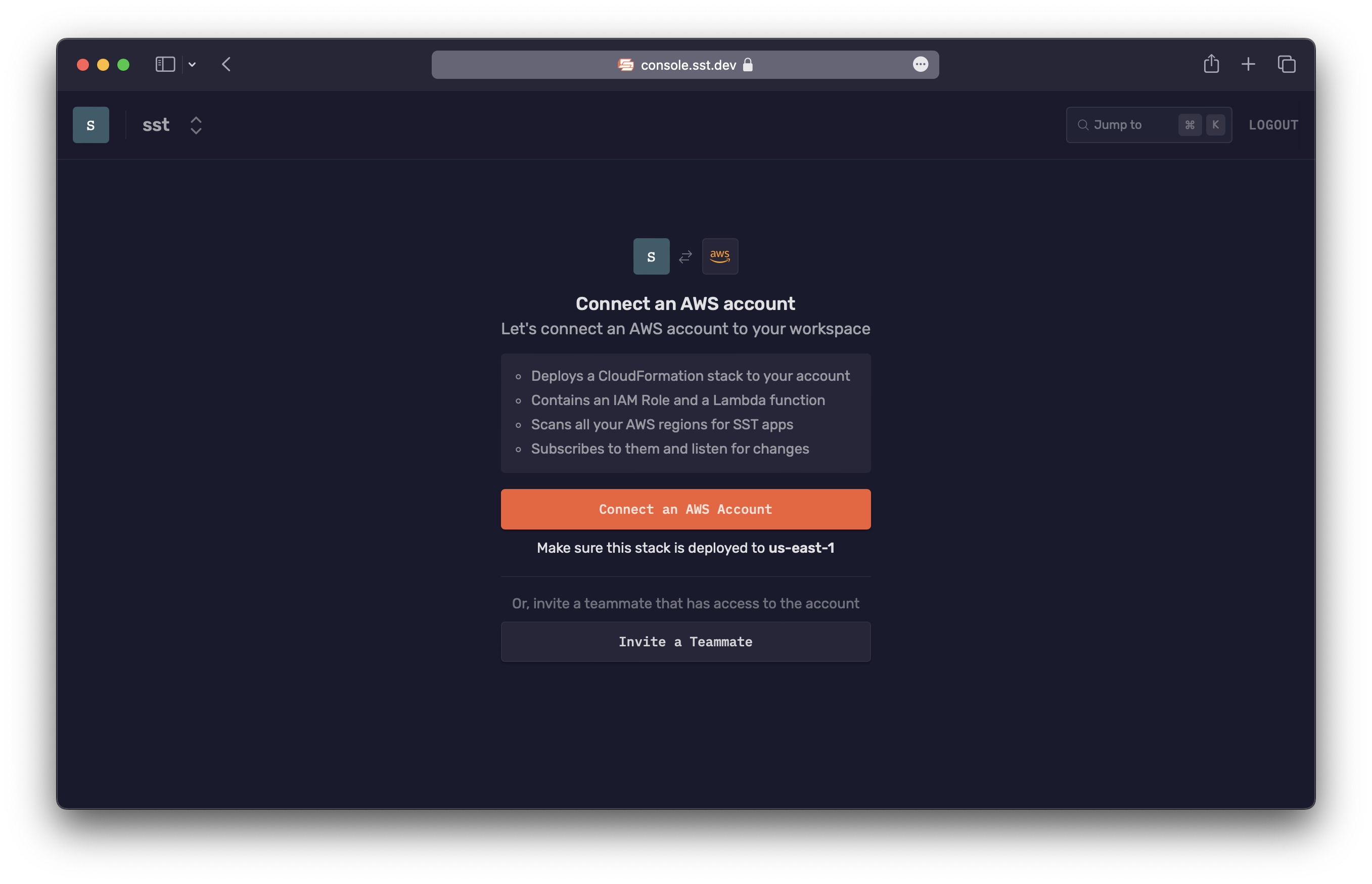 SST Console connect an AWS account