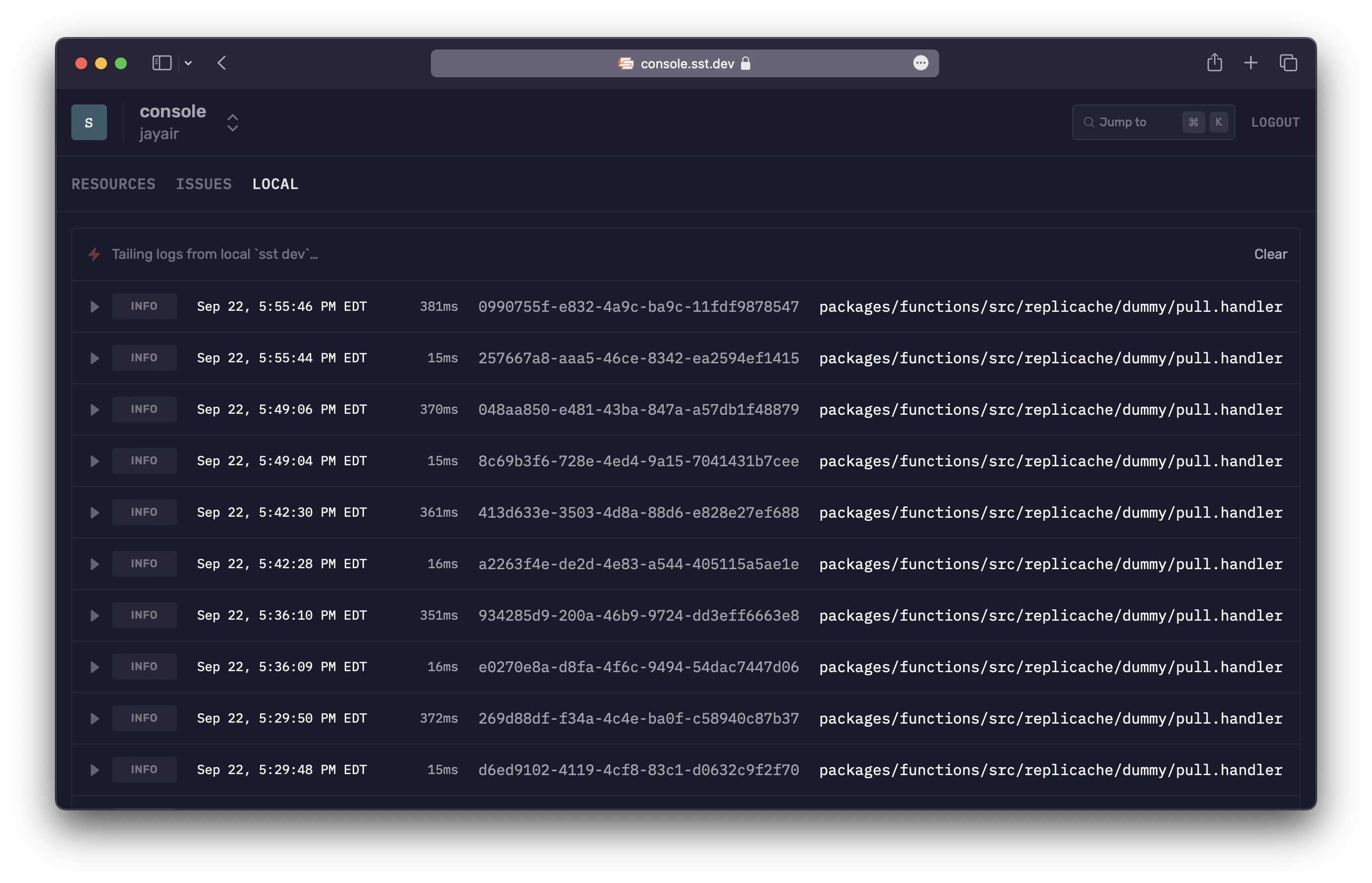 SST Console tailing local logs