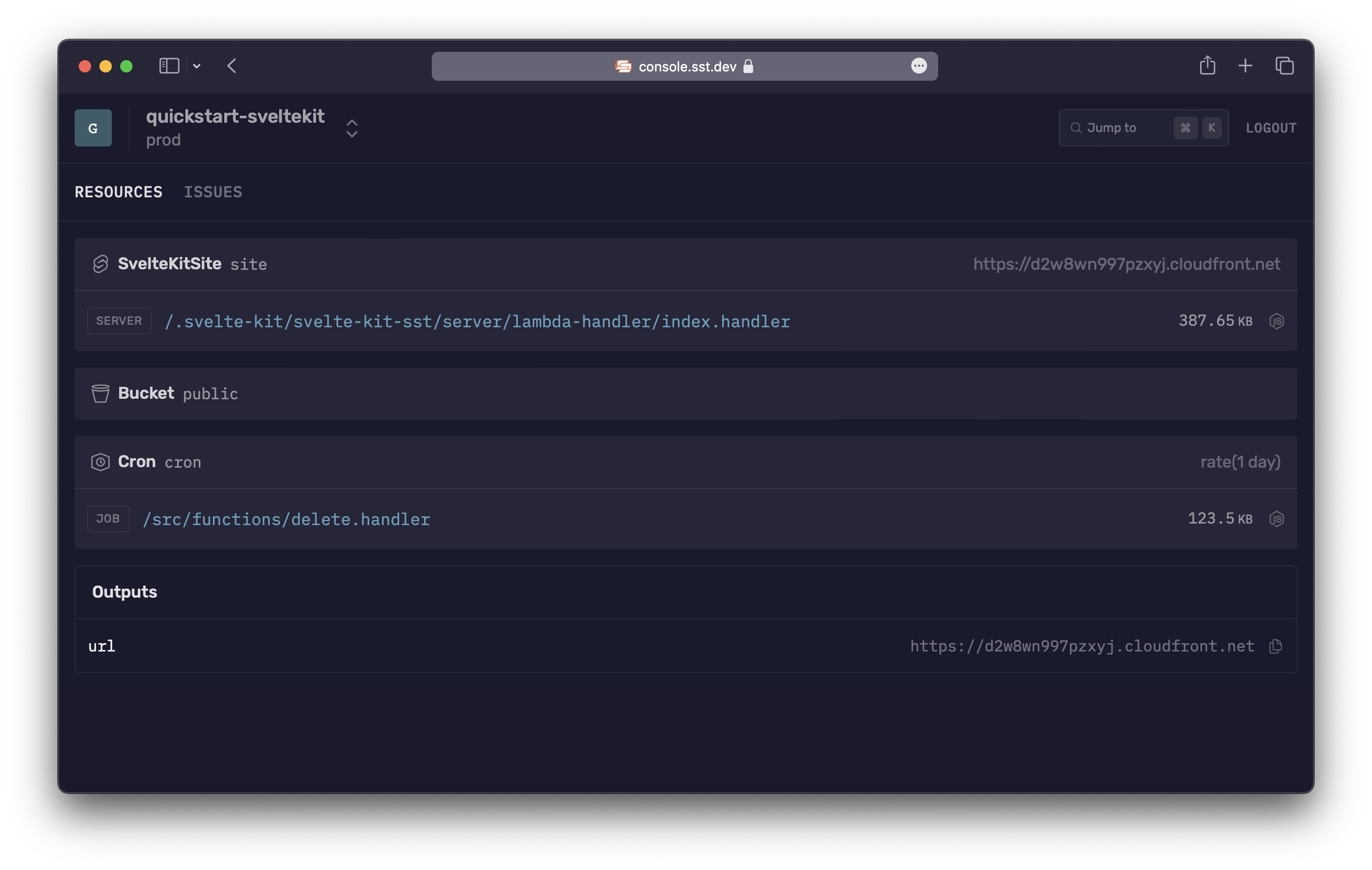 SvelteKit site in the SST Console